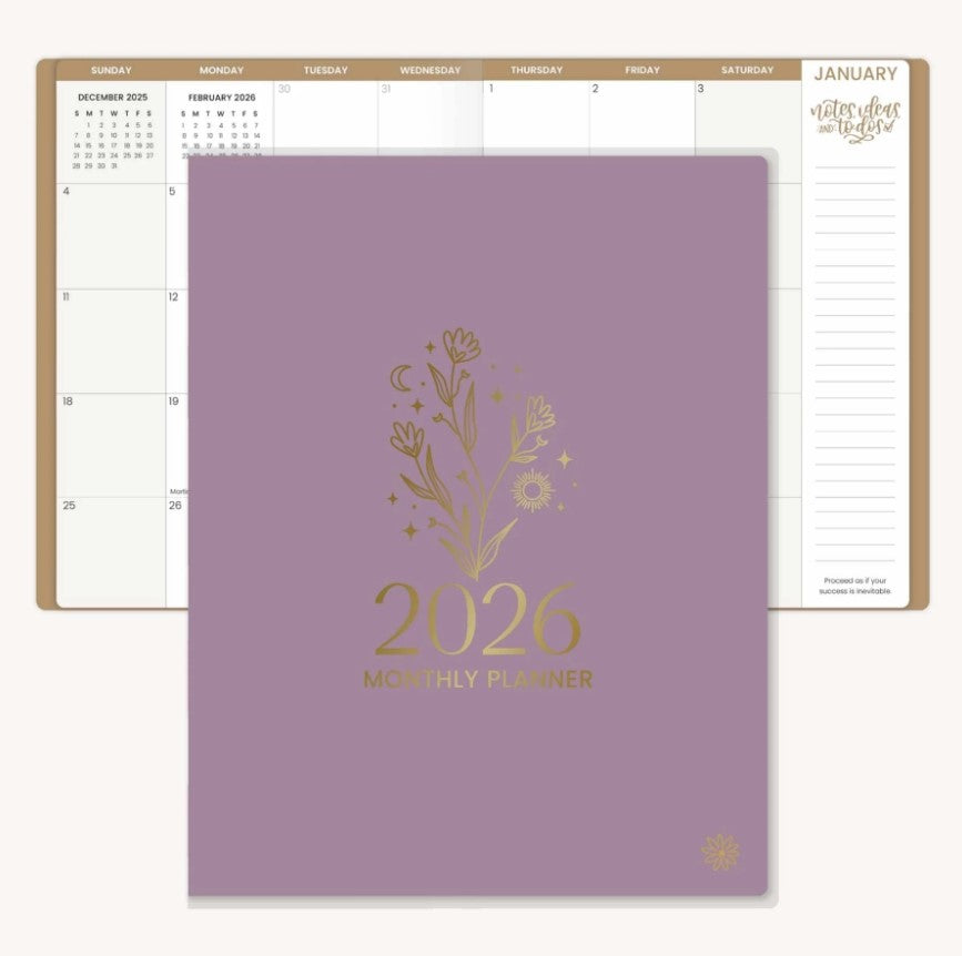 2026 Monthly Planner, 9" x 12", Gold Floral Stamp