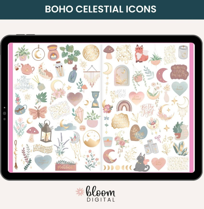 Digital Planner Stickers, Simply Gilded x bloom Boho Celestial Pack