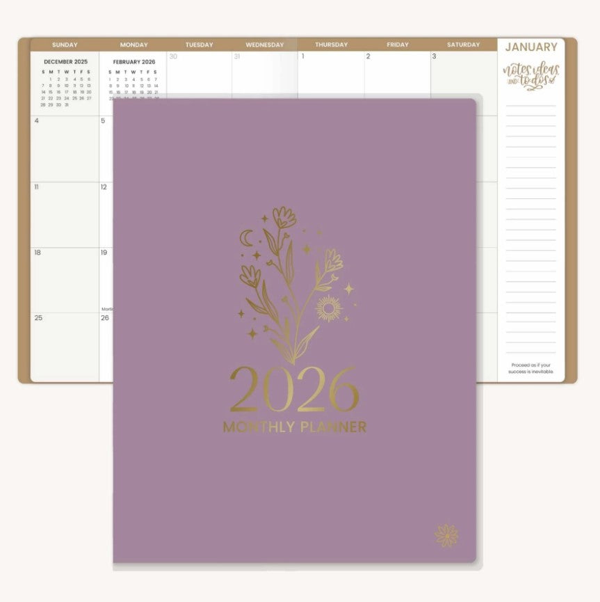 2026 Monthly Planner, 9" x 12", Gold Floral Stamp