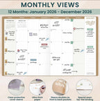 2026 Monthly Planner, 9" x 12", Gold Floral Stamp