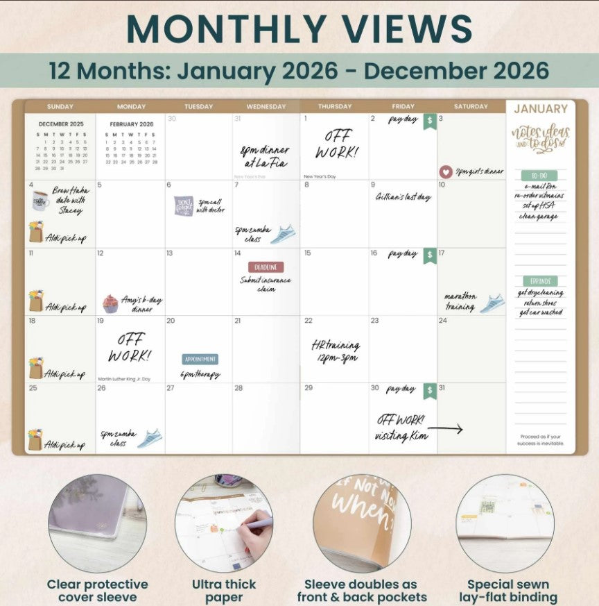 2026 Monthly Planner, 9" x 12", Gold Floral Stamp