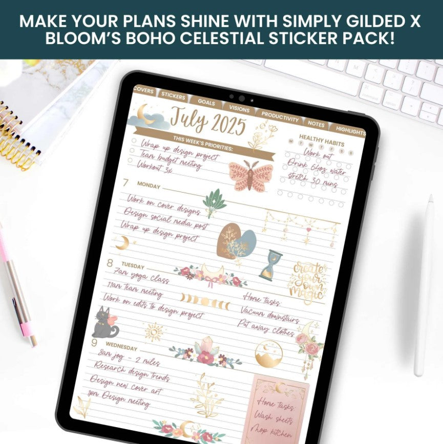 Digital Planner Stickers, Simply Gilded x bloom Boho Celestial Pack