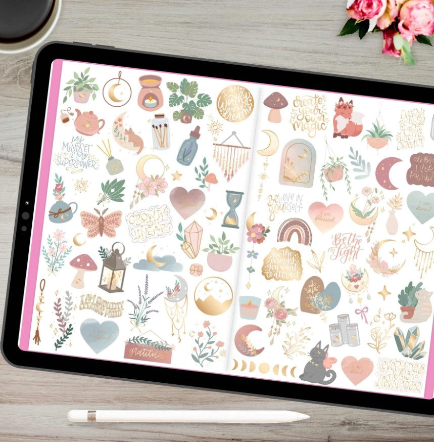 Digital Planner Stickers, Simply Gilded x bloom Boho Celestial Pack